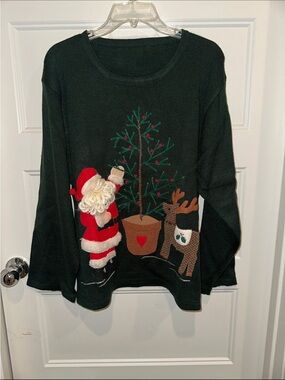 Dark Green Holiday Christmas Sweater with Santa & Reindeer